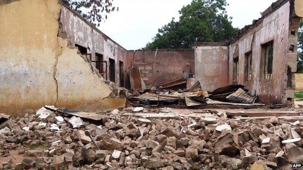 Remains of a student hostel blown up in Nigeria's Yobe state (August 2013)