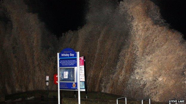 The tidal surge hit Whitley Bay, North Tyneside, at about 17:00 GMT