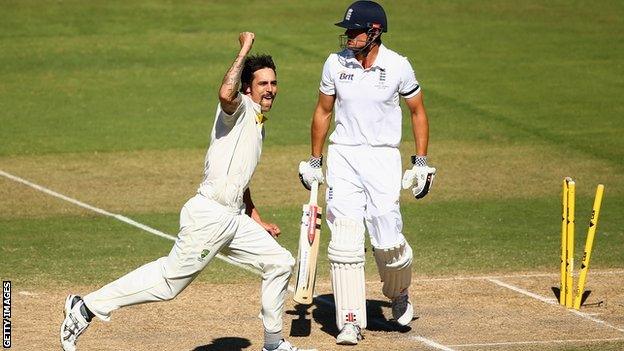 Mitchell Johnson bowls Alastair Cook