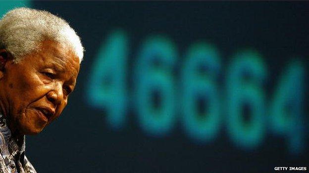 Former South African President Nelson Mandela speaks during the launch in 2003 of 46664 his former prison number which he used to raise awareness of the impact of HIV and Aids