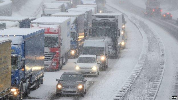 Traffic jam in snow at Olpe, Germany, 6 Dec 13