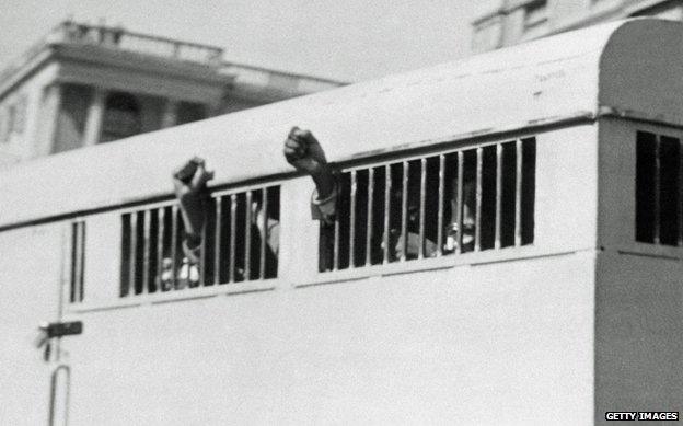 A prison van carrying Mandela and other ANC activists to trial in 1962