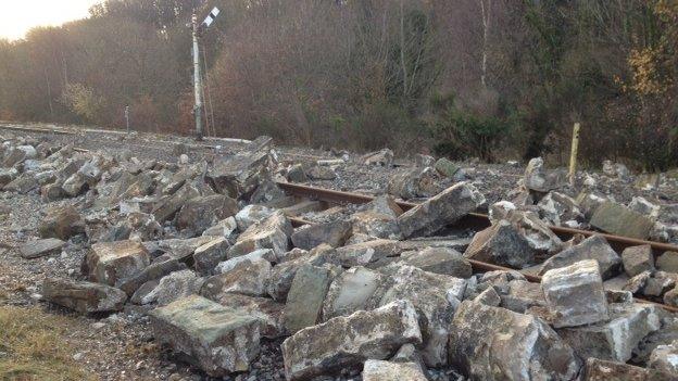 Part of the sea defences lie on rail line at Mostyn, Flintshire