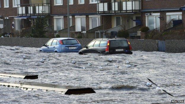 Flooded street in Helsingborg, southern Sweden, 6 Dec 13