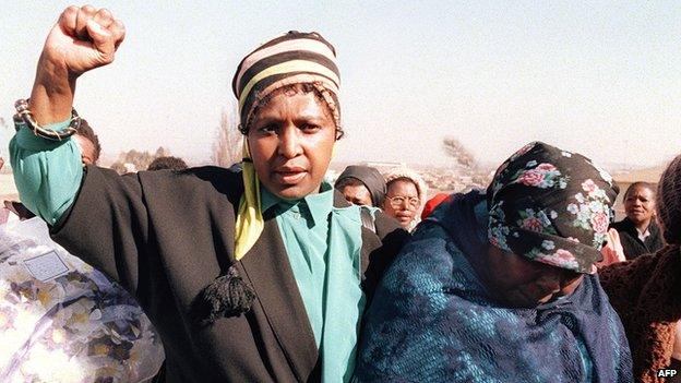 Winnie Mandela at a funeral of an Umkhonto we Sizwe fighter in Soweto in 1987