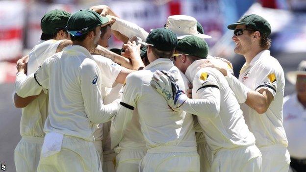 Australia celebrate Kevin Pietersen's wicket