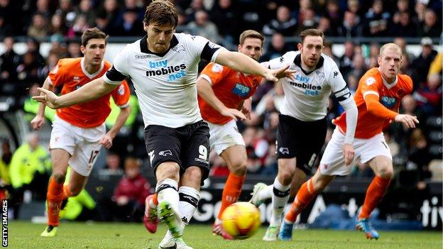 Chris Martin scores from the penalty spot during Derby's 5-1 win over Blackpool