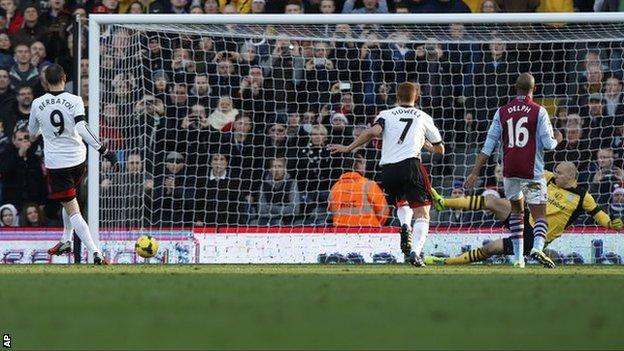 Dimitar Berbatov (right) scores Fulham's second against Aston Villa