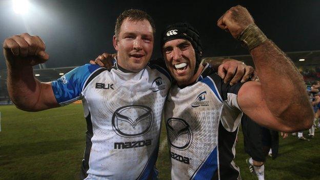 Michael Swift and John Muldoon celebrate Connacht's remarkable win in Toulouse