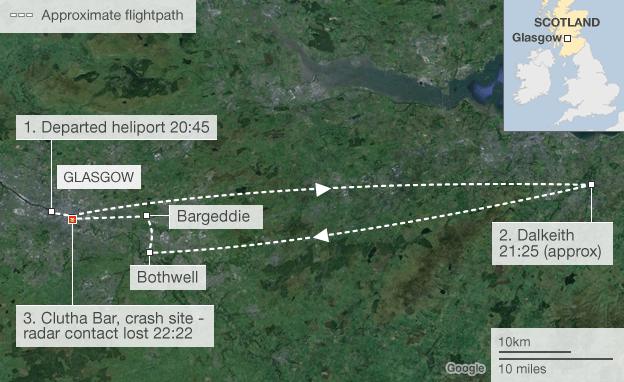 Map showing approximate flight path of helicopter before crash