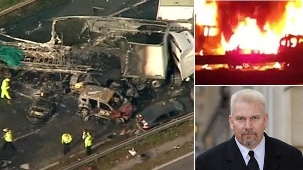 Montage showing the crash scene and a picture of Mr Counsell arriving at Bristol Crown Court