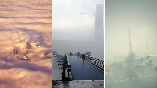 Canary Wharf seen through clouds, Millennium bridge in London covered with fog and a plan grounded at Heathrow