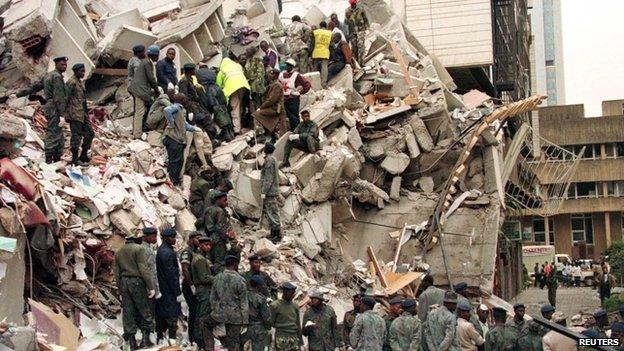 The ruins of a building following a bombing in Nairobi on 7 August 1998