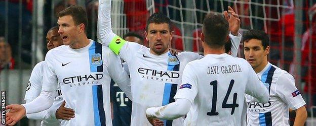 Manchester City celebrate their second goal against Bayern Munich