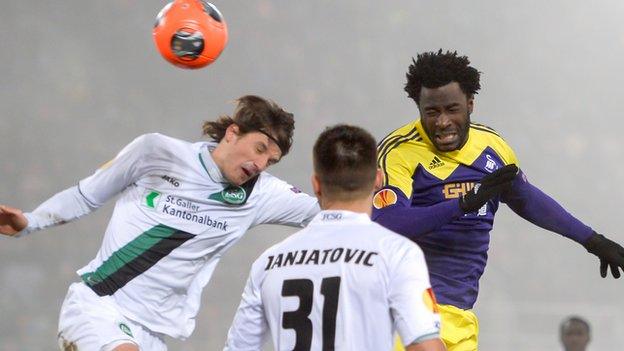 Swansea's Wilfried Bony goes close with a header