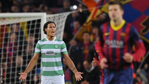 Celtic defender Virgil van Dijk shows his disappointment at the Nou Camp