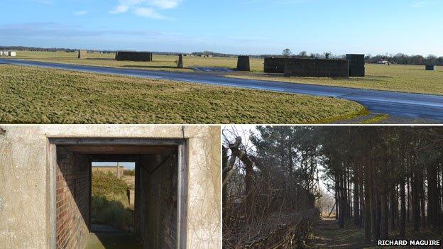 Blast walls at RAF Coltishall (top) Bomb testing tunnel on Orford Ness (bottom left) perimeter patrol path at RAF Barnham (bottom right)