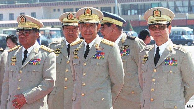 Than Shwe (L), Maung Aye (C) and Khin Nyunt (R) stand with State Law and Order Restoration Council (SLORC) members in this file photo taken 21 February 1997