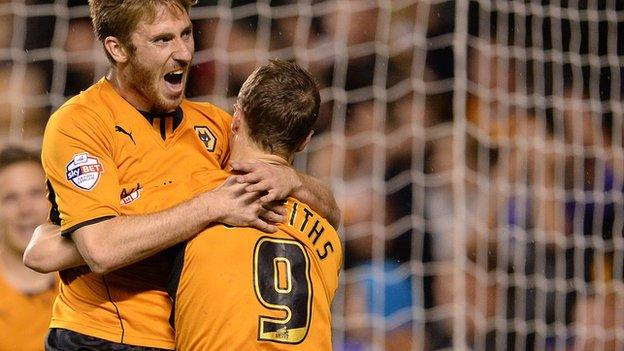 James Henry of Wolves celebrates scoring the first goal with team mate Leigh Griffiths