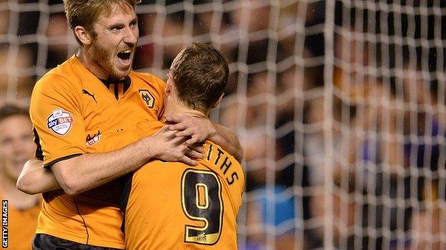 James Henry of Wolves celebrates scoring the first goal with team mate Leigh Griffiths