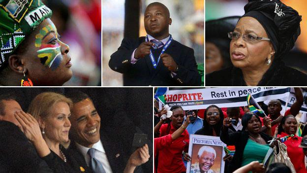 Clockwise from top left: Mourner, deaf signer, Graca Michel, celebrating crowds, President Obama with Denmark's PM Helle Thorning-Schmidt