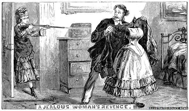 A jealous woman fires at her former lover, mistaking a mannequin for a love rival. Picture: The British Library Board, Illustrated Police News, November 9, 1872