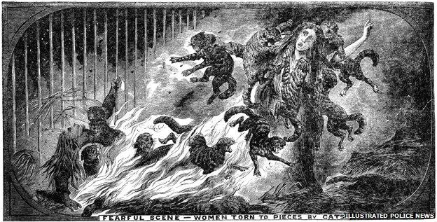 Women attacked by cats in a house fire. Picture: The British Library Board, Illustrated Police News, July 22, 1876