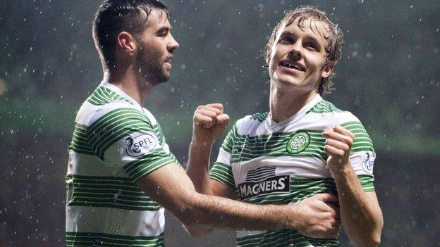 Celtic's Teemu Pukki (right) celebrates opening the scoring with team mate Joe Ledley