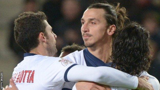 Zlatan Ibrahimovic celebrates scoring for Paris St-Germain