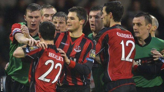 Tempers flare during the match between Crusaders and Glentoran at Seaview