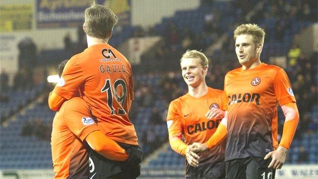 Ryan Gauld is congratulated on scoring United's third at Rugby Park