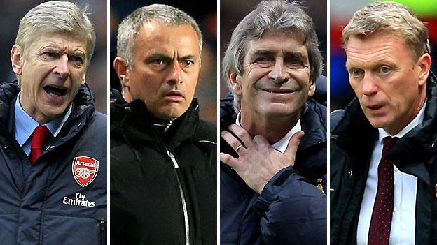 Arsenal manager Arsene Wenger (left), Chelsea boss Jose Mourinho (second left), Manchester City manager Manuel Pellegrini (second right) and Manchester United boss David Moyes