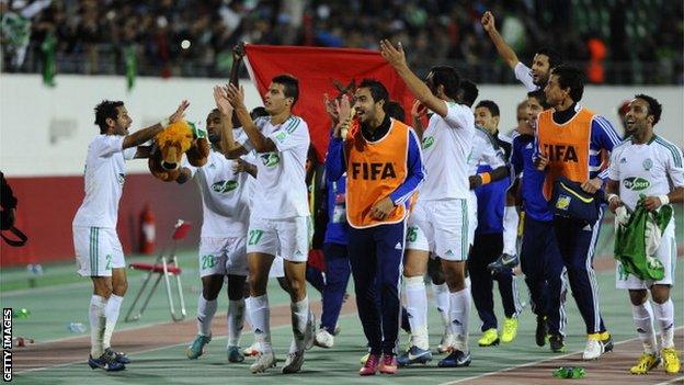 Raja Casablanca's players celebrate victory over CF Monterrey in Agadir