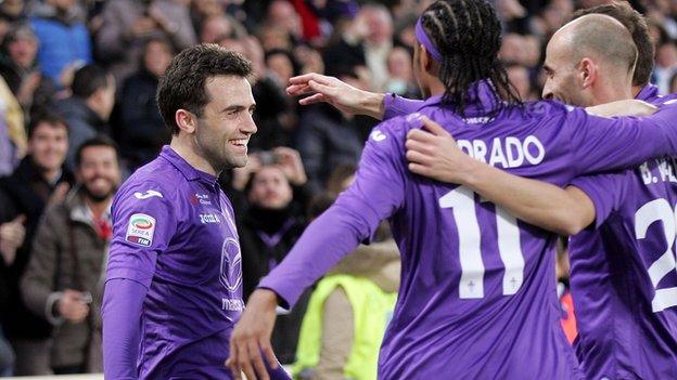 Fiorentina striker Giuseppe Rossi after scoring his 13th Serie A goal of the season