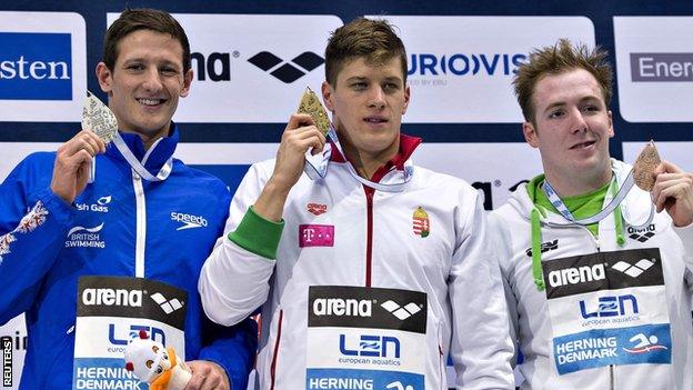 Daniel Gyurta (C) of Hungary poses with his gold medal alongside silver medallist Michael Jamieson (L) of Britain and bronze medallist Marco Koch (R) of Germany during the medal ceremony for the 200m Men"s Breaststroke during the LEN European Short Course Swimming Championships in Herning