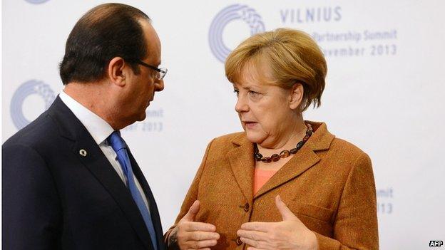 French President Francois Hollande with German Chancellor Angela Merkel at the Vilnius EU summit, 29 November