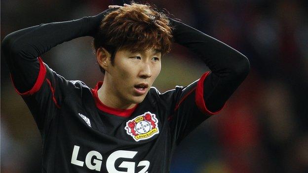 Heung-Min Son looks frustrated during the defeat for Bayer Leverkusen