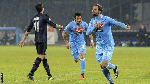 Napoli striker Gonzalo Higuain celebrates after scoring in the Serie A win against Inter Milan