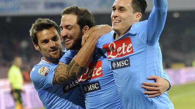 Napoli players celebrate during their Serie A win against Inter Milan