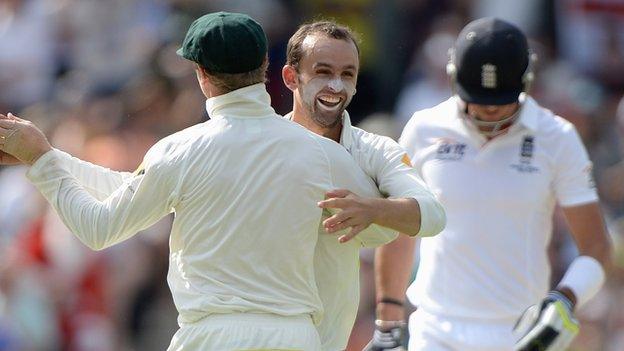 Nathan Lyon celebrates after dismissing Kevin Pietersen