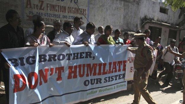 Protest against the arrest of Devyani Khobragade outside the US consulate in Hyderabad in India on Monday, Dec 16, 2013