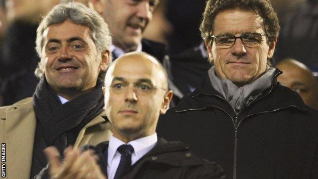 Tottenham chairman Daniel Levy (centre), Spurs technical director Franco Baldini (left) and Fabio Capello