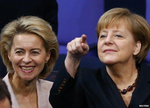 Angela Merkel (right) with designated Defence Minister Ursula von der Leyen in the Bundestag, Berlin, 17 December