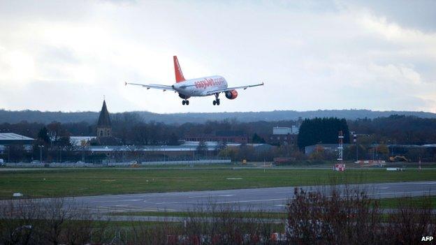 A plane landing at Gatwick