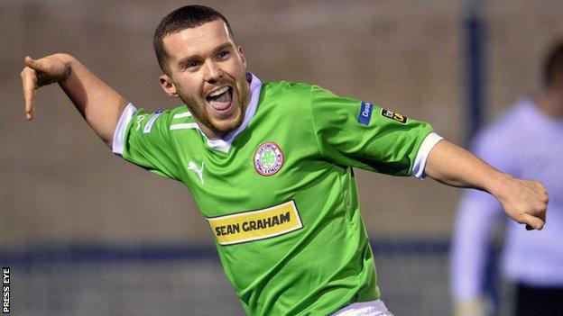 Martin Donnelly celebrates after putting Cliftonville ahead at Clandeboye Park