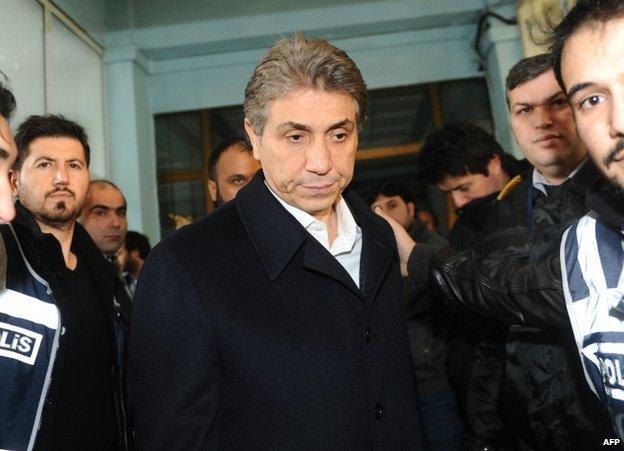 Police escort Mustafa Demir, mayor of Istanbul's Fatih district, after his arrest, 18 December