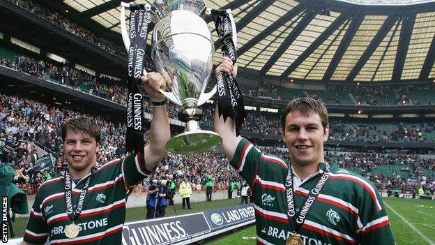 Brett Deacon (left) and brother Louis celebrate Leicester's 2007 Premiership final win against Gloucester