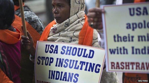 A protest near the US embassy in New Delhi December 18, 2013