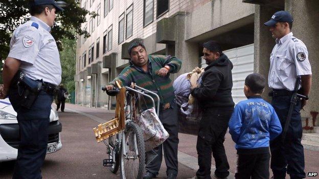 Roma people and police in Paris