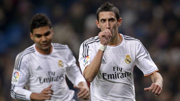 Real Madrid winger Angel Di Maria celebrating in the Copa del Rey win against Olimpic Xativa